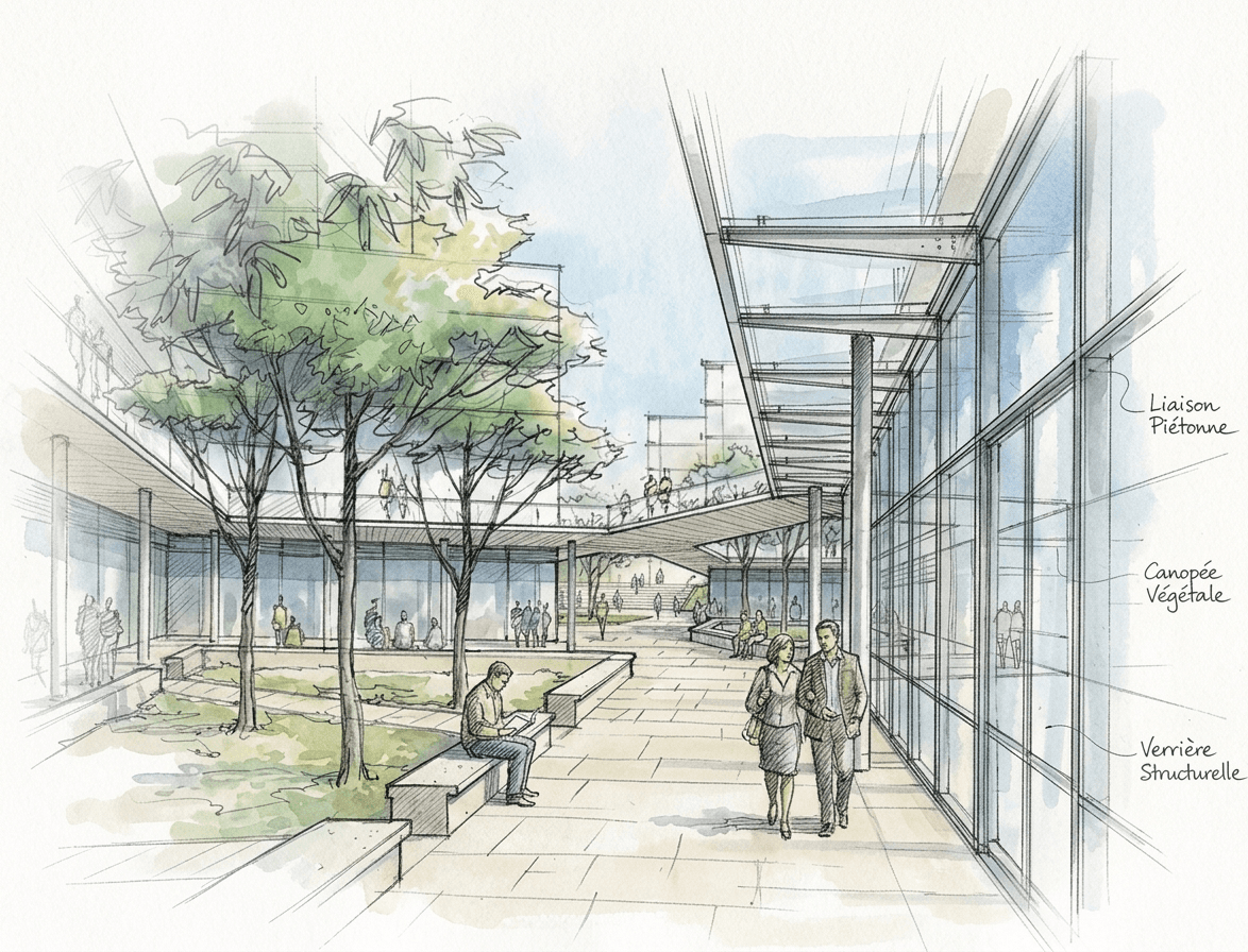 Croquis d'aménagement d'un espace intérieur en perspective