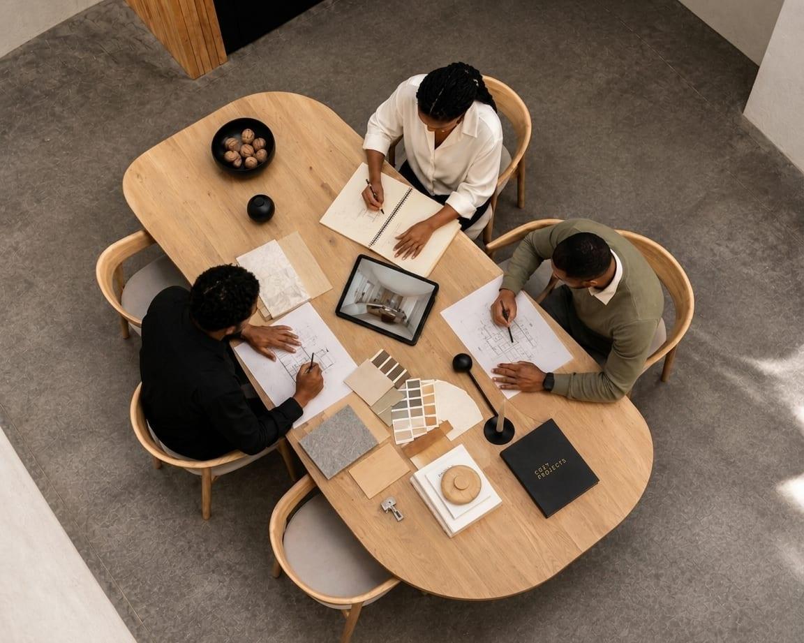 Échantillons de matériaux et carnet de projet sur la table de travail